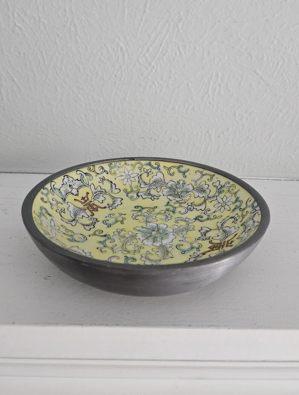 Antique ACF Chinese Porcelain Floral Painted Finger Bowl With Pewter Casing